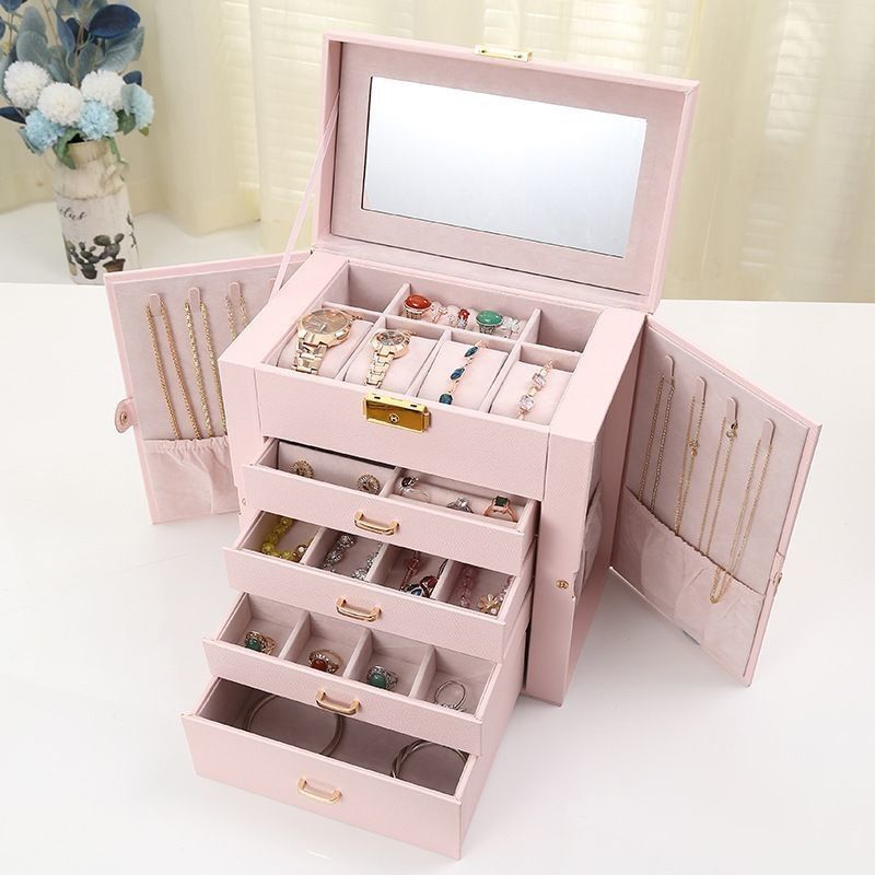 Medium Open Way Clamshell Set Perhiasan Kulit PU/Cincin/Earring/Kelas/Gelang/Kotak Penyimpanan Jam Tangan untuk Perhiasan Mewah