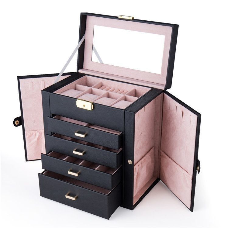 Square Luxury Pink Black Leather Set Perhiasan/Cincin/Kali/Kelas/Gelang/Kotak Tampilan Penyimpanan Jam